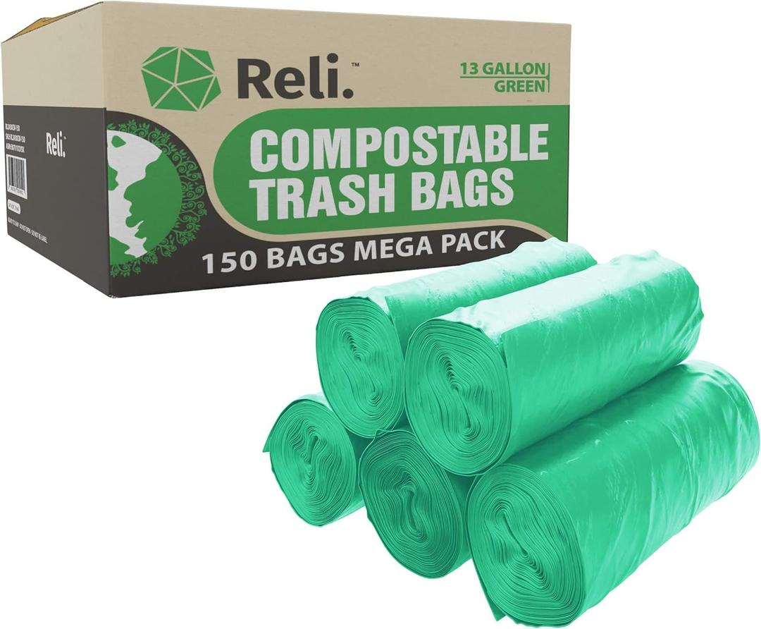 Reli. Compostable 13 Gallon Bags | 150 Count Bulk | ASTM D6400 | Green | Eco-Friendly | For Compost