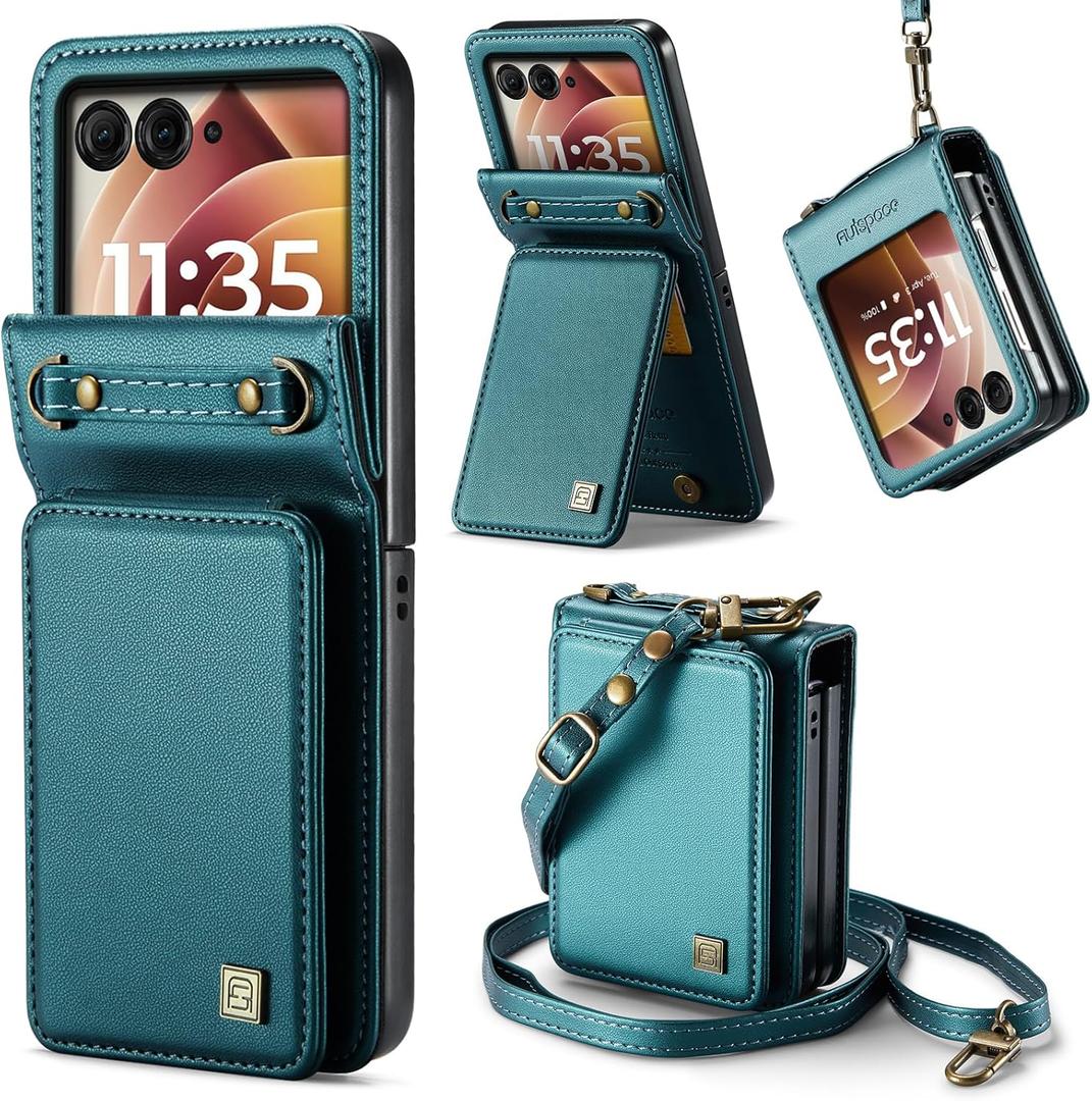 ASAPDOS Crossbody Case Compatible with Motorola Razr 2024/2025 [Not Fit Moto Razr Plus or Ultra],Retro PU Leather Strap Wristlet Flip Case with Magnetic Closure and Card Holder Blue Green