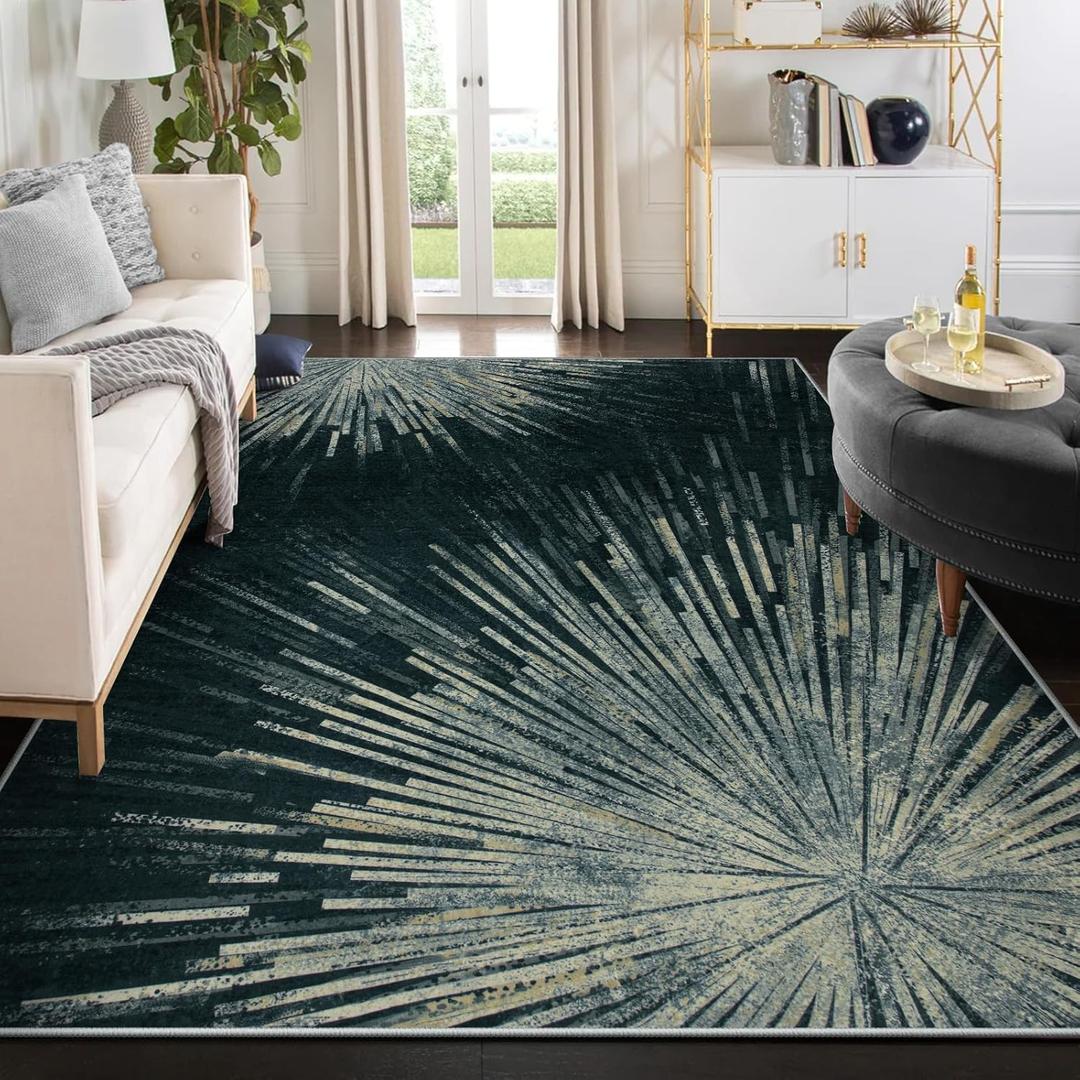 Lahome Washable Area Rugs 8'x10' - Rugs for Living Room 8x10 Non-Slip Backing Large Rug Ultra-Thin Stain Resistant Dining Room Rugs for Under Table, Modern Abstract Print Soft Rug for Bedroom Office (Black/Dark Green)