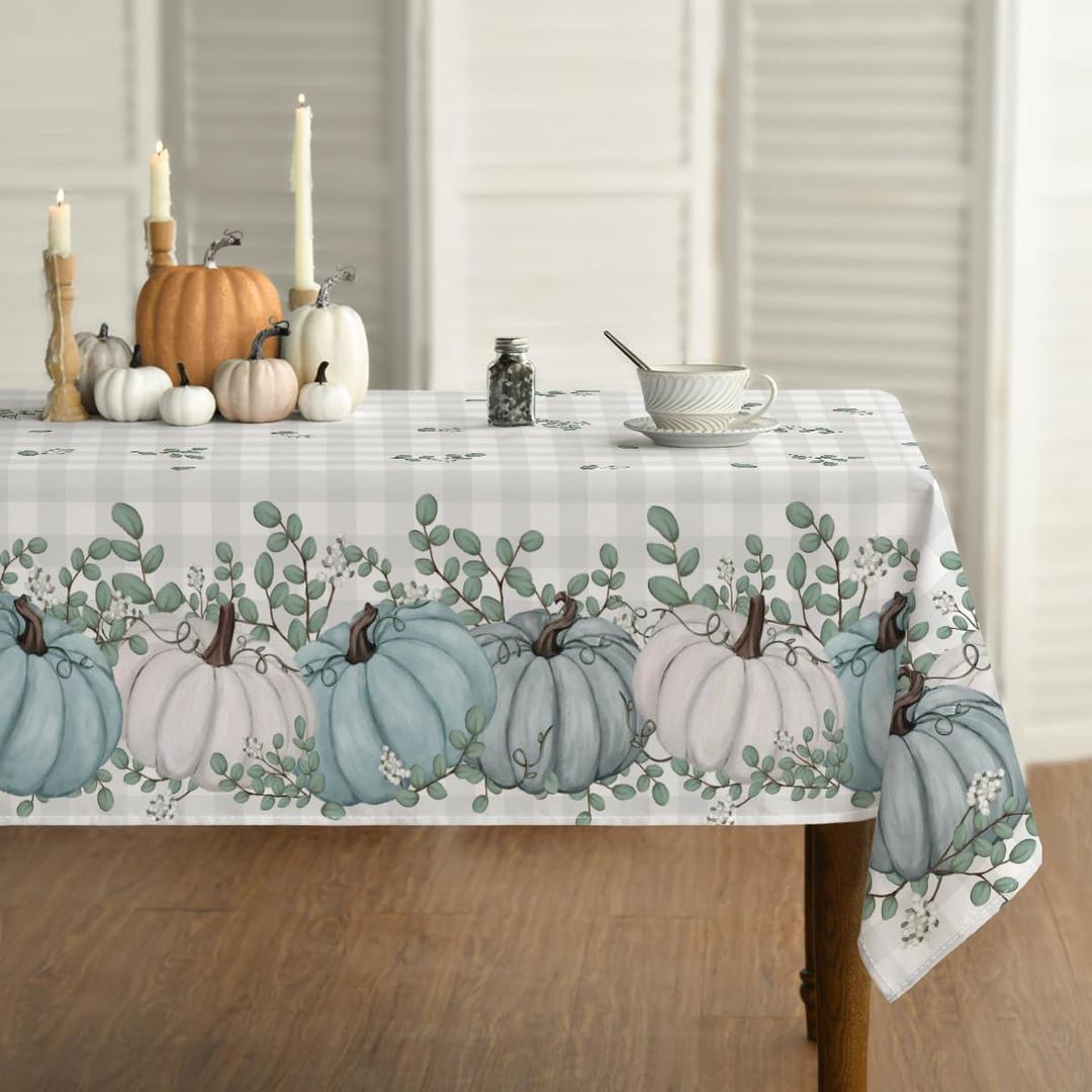 Horaldaily Fall Tablecloth 60x120 Inch Rectangular, Thanksgiving Autumn Harvest Blue Pumpkin Buffalo Plaid Table Cover for Party Picnic Dinner Decor