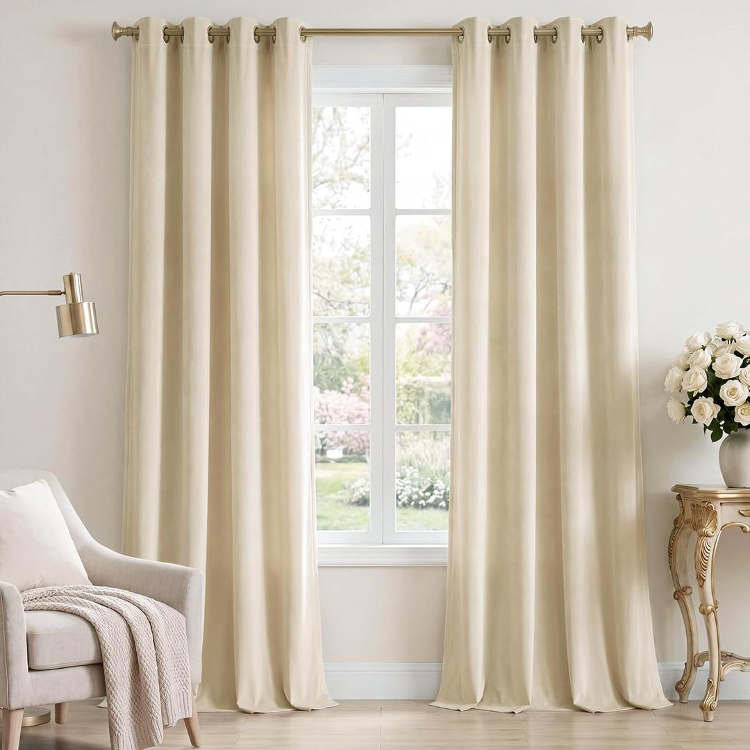 StangH Beige Plush Velvet Curtains Thermal Insulating Curtains 90 inches Long, Rustic Home Decor Drapes Light Blocking with Grommet Top for Nursery/Study/Office, W62 x L90, 2 Panels