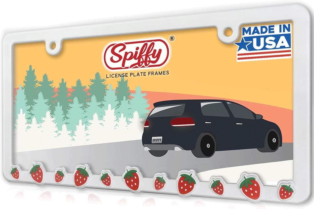 Cute Pink Strawberry License Plate Frame for women by Spiffy Accessories | Kawaii White License Plate Cover | Aesthetic Boho Pretty Tag Holder for Cars | Great Gift for New Car Owner | Made in the USA