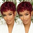 VRZ Short Wigs for Black Women Human Hair Burgundy 99J Chic Glueless Curly Wave Pixie Cut Wig Human Hair Layered Natural Looking None Lace Front Throw On and Go Wigs (S59#PK 99J#)