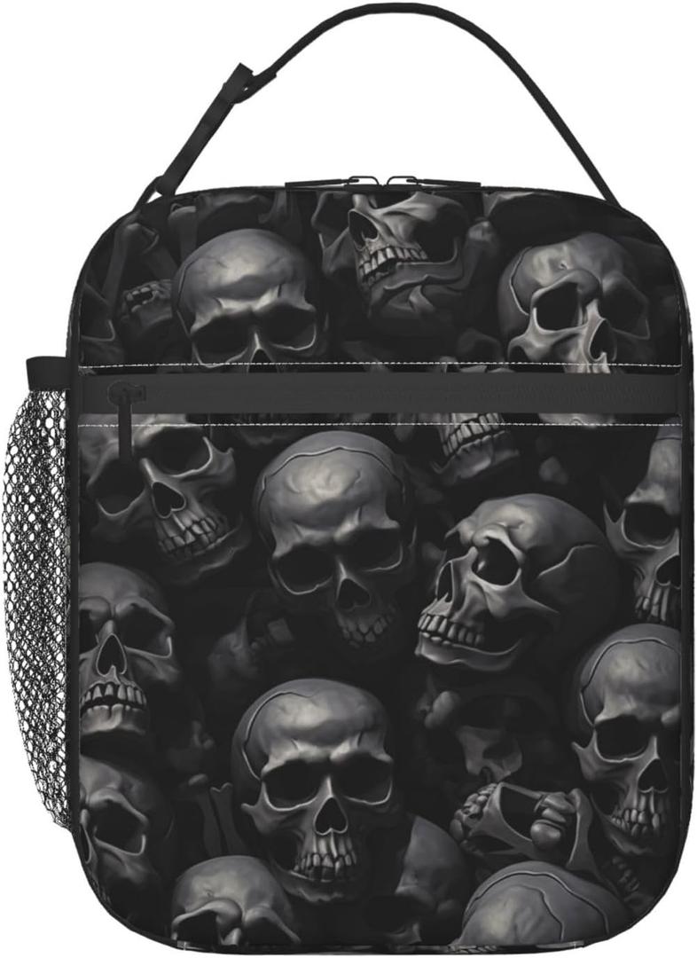 Lunch Box for Kids Adults Girls Boys Black Skull Lunch Bag Cooler Tote Reusable Insulated Lunch Bag Container Gifts for Office Picnic Travel Work School (One Size)