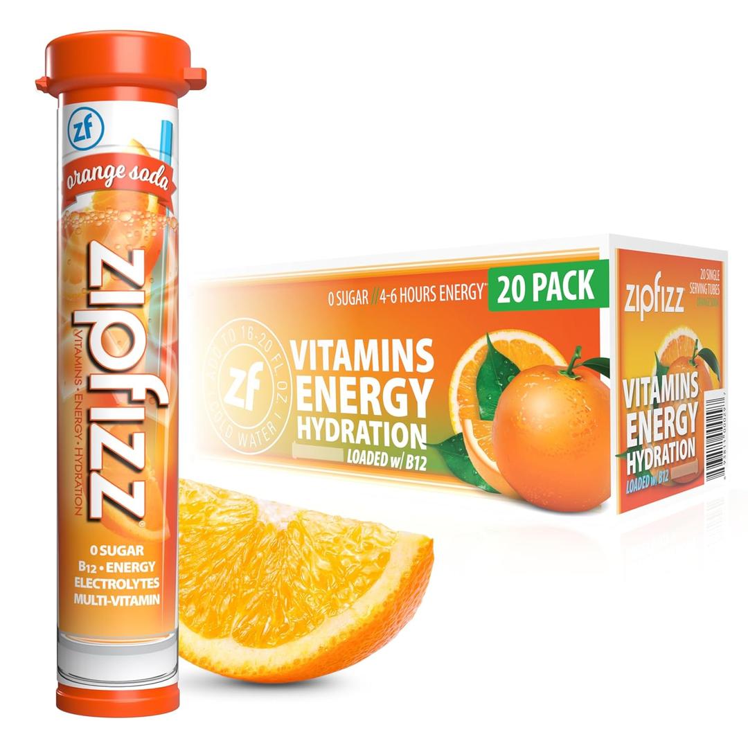 Zipfizz Daily Energy Drink Powder, Orange Soda, 20 Pack | 3-in-1 Sustained Energy, Rapid Hydration, and Essential Vitamins | Sugar-Free | Electrolyte Powder | Contains Vitamin B-12 & Antioxidants (EXP 01/01/27)