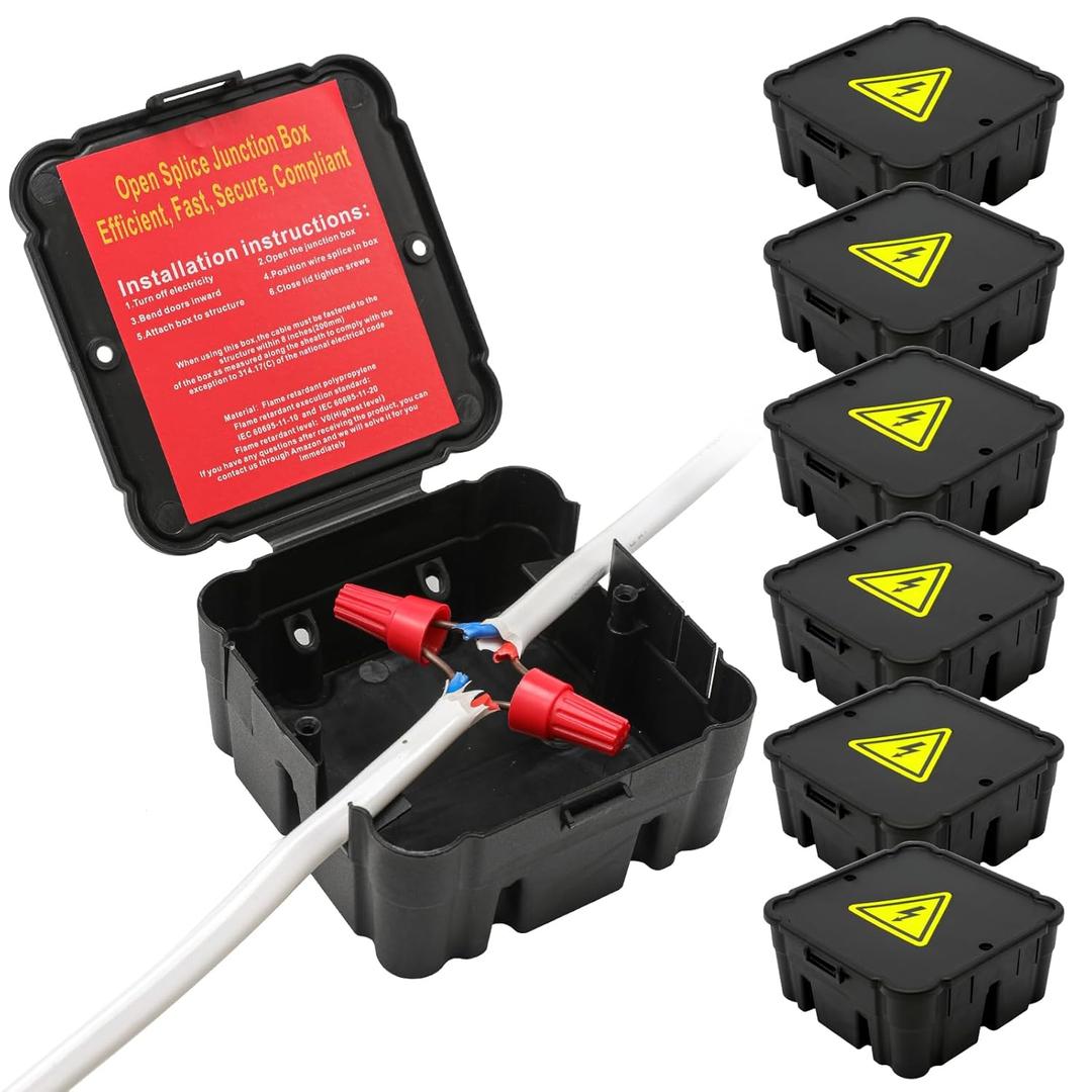 Black Open Splice Junction Box (6 Pack)Open Splices Repair Open Splices, 5 Second Installation Splice Box, Wire Electrical Junction Box with Cover V0 Flame Retardant Rating(Highest Level)