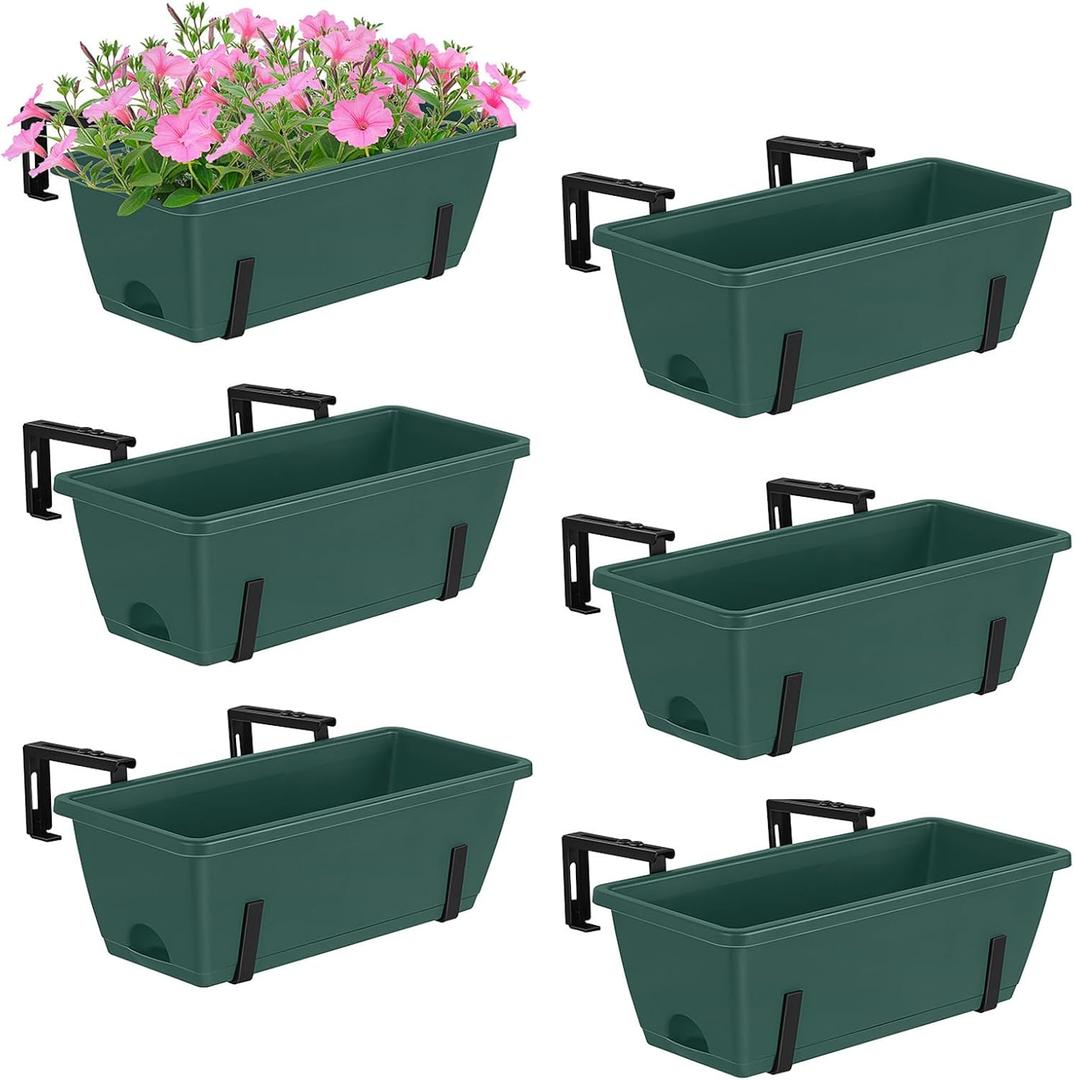 YBING Window Deck Railing Planter Box for Outdoor 6 Pack Deck Railing Planter Boxes Green Plastic Hanging Flower Planters Box with Adjustable Brackets