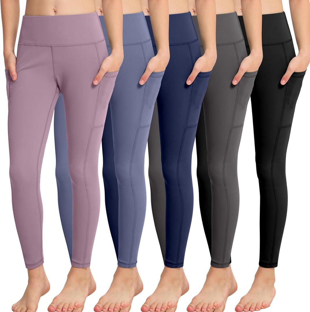 CHRLEISURE Girls' Athletic Leggings with Pockets, 5 Packs Kids Teen Dance Yoga Workout Running Pants for 5-15 Years (7-8 Years, Black/Gray/Lilac Pink/Navy/Steel Blue)