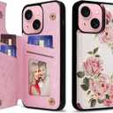 UEEBAI Wallet Case for iPhone 14 with Card Holders, PU Leather Cover Kickstand RFID Blocking Double Magnetic Clasp Rilievo Flower Shockproof Flip Case for Women Girls - Rose Flower