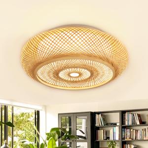 LED Ceiling Light 19.68in Hand-Woven Drum Bamboo Rattan Boho Living Room Light Fixture 50W Flush Mount Ceiling Light 3000-6000K with Remote Ceiling lamp for Bedroom Cafe Farmhouse (Yellow)