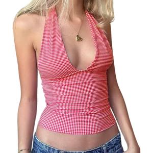 Womens Halter Neck Sexy Lace Trim Camisole Tank Tops Y2k Slim Fit Corset Going Out Streetwear Cami Crop Tops (Small, Gingham Pink Red)
