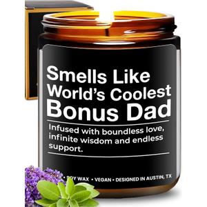 World's Coolest Bonus Dad Candle, Unique Sentimental Father's Day & Birthday Gift for Step Dad, Thoughtful Gifts for Father in Law, Best Presents for Birthday, Christmas, Special Occasions, Gift Ready