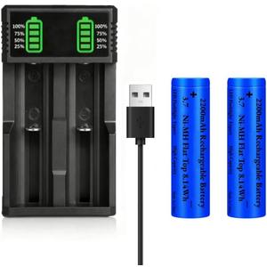 3.7 USB Battery Charger with 2 Pack 3,7 2200mAh Flat Top Battery Ni-MH, 2 Bay LCD Display Smart Universal USB Battery Chargers for Flashlights, Headlamps,Doorbells,RC Cars,Outdoor Garden Lights,etc