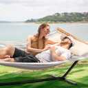 SUNCREAT Double Hammock with Stand Included, Outdoor Portable Hammock with Stand, Light Gray Stripes