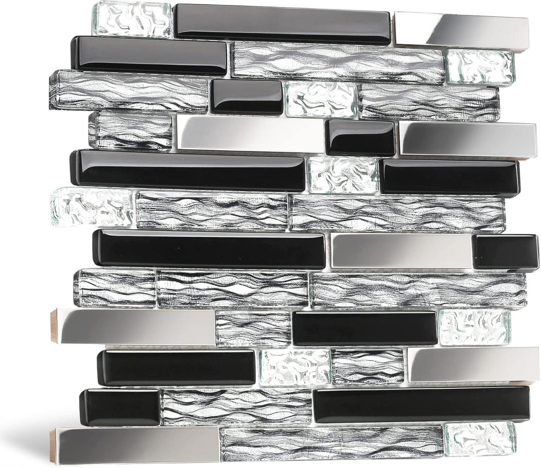 Blujellyfish Glass Metal Tiles Art Mosaic Silk Black Crystal Glass Chrome Silver Steel Accent Wall Border Kitchen Bath Backsplash Tile TSTNB12 (5 Square Feet)