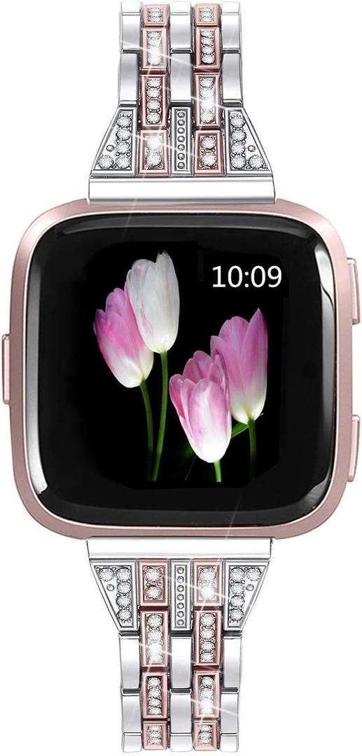 Bands Compatible with Fitbit Versa 2/Versa Lite/Versa, Women Replacement Metal Rhinestone Bling Bracelet Wristband, Silver with Rose Gold
