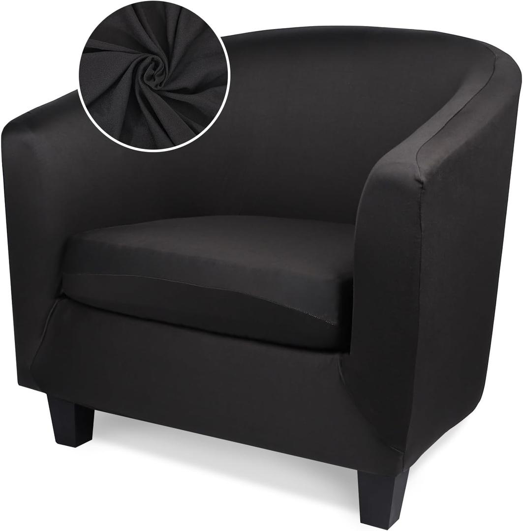 Barrel Chair Covers Slipcover, 2 Piece Black Arm Chair Cover with Chair Cushion Cover, Soft Stretch Club Chair Couch Slipcover with Arms Washable Furniture Protector for Living Room