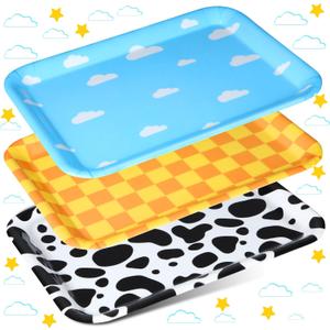 Zubebe 3 Pcs 13 x 10 Inch Sky White Clouds Birthday Party Supplies, Toy Inspire Game Trays Rectangle Serving Platter Cow Print Checkered Food Platter
