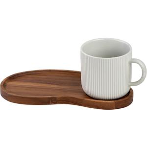 JiabaoPC Ceramic Coffee Mug and Wooden Serving Tray Set, White Ribbed Cup with Handle 14.2oz, Modern Design with Wood Platter