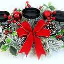 28'' Christmas Triple Candelabrum Centerpiece, Christmas Centerpiece Decorations with Snowy Pine Cones Bow Holly for Dining Table Fireplace Mantel Holiday Party