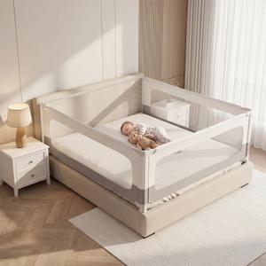 3 Piece Bed Rails for Toddlers, King Size Bed Rails for Babies, No-Drill Needed with Height Adjustable, Thickened Child Safety Side Railing Guards/Bedrail for Kids, White/Grey, 74.8x78.7x78.7in