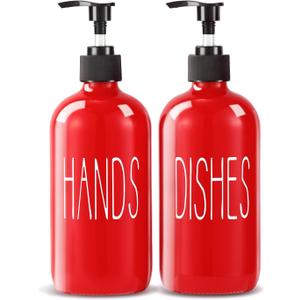 Glass Soap Dispenser Set 2 Pack,16 Oz Dish Soap Dispenser for Kitchen Sink,Red Kitchen Accessories and Kitchen Decor,Red Decorations and Kitchen Utensils for Kitchen