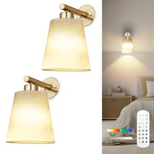 Maooght Battery Operated Wall Sconce Set of 2,Gold Rechargeable Wall Lights with Lampshade Dimmable RGB Bulbs and Remote,15 Colors Wireless Wall Lamps for Bedroom Living Room (Gold)