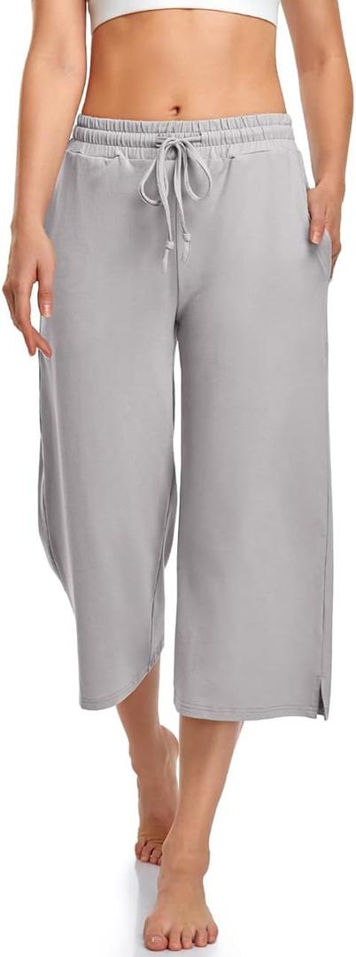 UEU Womens Capri Yoga Pants Summer Wide Leg Loose Casual Cropped Lounge Drawstring Pajama Capris Sweatpants with Pockets