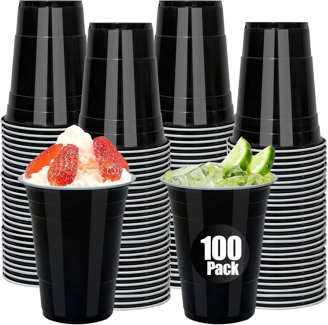 100 Pack Black Plastic Cups 16 oz Disposable Shot Cups for Party Heavy Duty Large Drink Graduation Black Cups for Wedding Birthday Halloween Soda Picnics (Black)