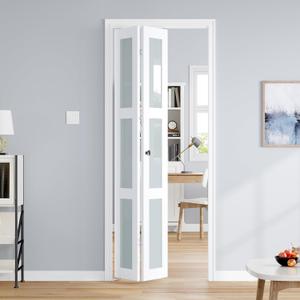 Roymelo Bifold Doors for 32"80" Opening, Preassembled White Frosted Glass Folding Barn Door, Sliding Interior Wood Panel Closet Bifolding Door with Concealed Hardware Kit Included