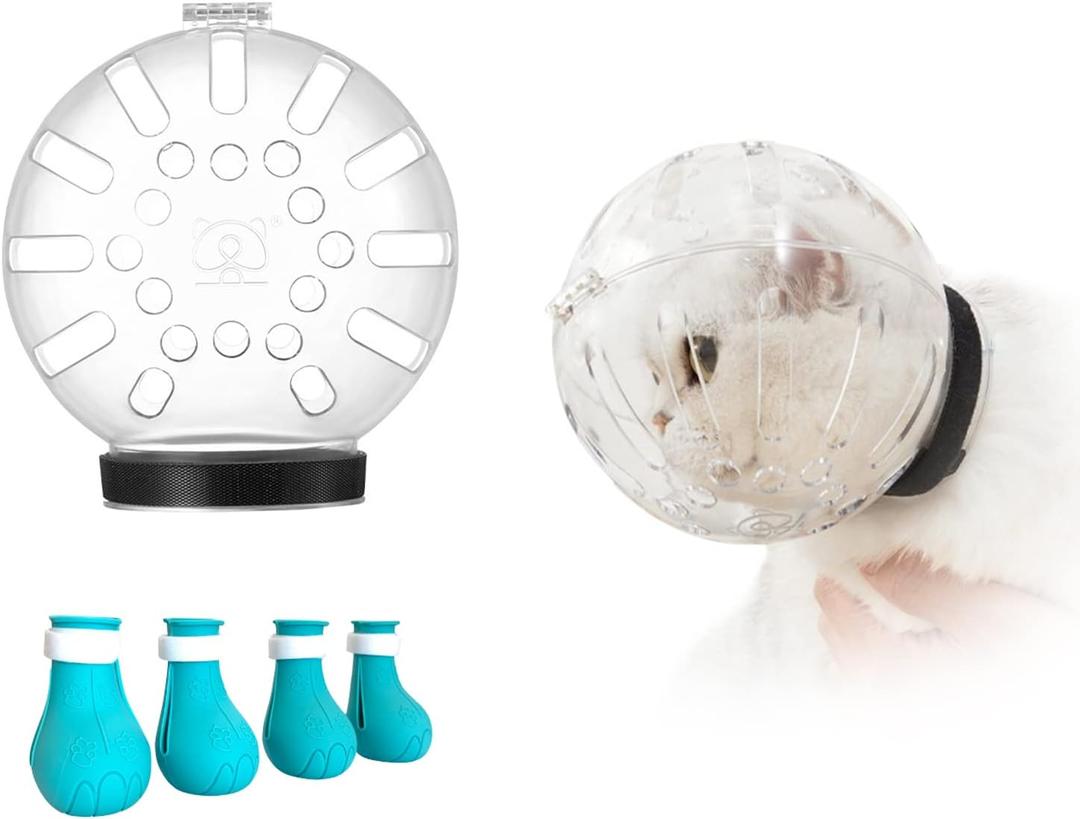 Cat Muzzle and Boots, Adjustable Headgear for Grooming, Breathable Hood Face Mask for Shaving Head Bubble Cover, Anti Bite Helmet Cat Holder for Bathing