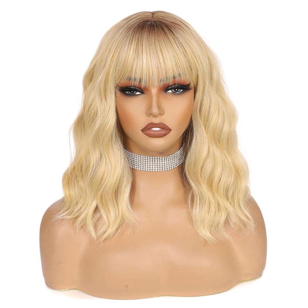 Ombre Blonde Bob Wig with Bangs Loose Wavy Blonde Wig for Women Heat Resistant Synthetic Wigs for Daily Party Use 14 Inch