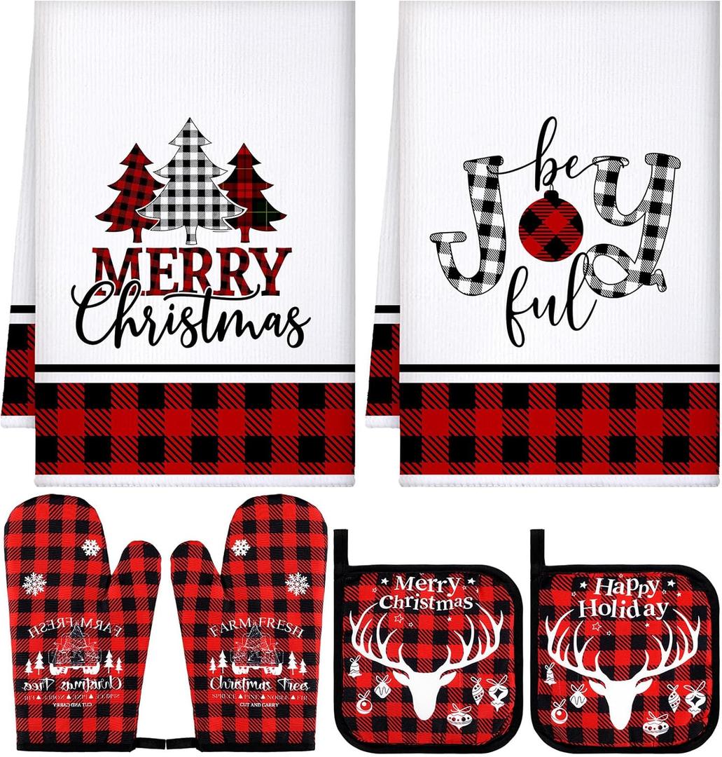 Bencailor 6 Pcs Christmas Kitchen Set Christmas Tree Kitchen Towels Oven Mitts and Pot Holders Set Dish Towel Heat Resistant Oven Mitts for Xmas Decor Cooking Baking Grilling(Tree)