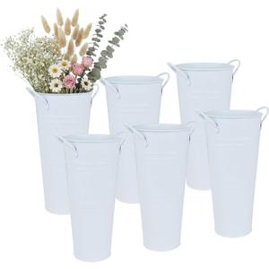 vensovo 9" Tall Galvanized Flower Bucket, 6 Pcs French Metal Vases with Handles, Tabletop Rustic Floral Buckets for Dried Flowers, Wedding Flower Bar & Home Decor, Pure White