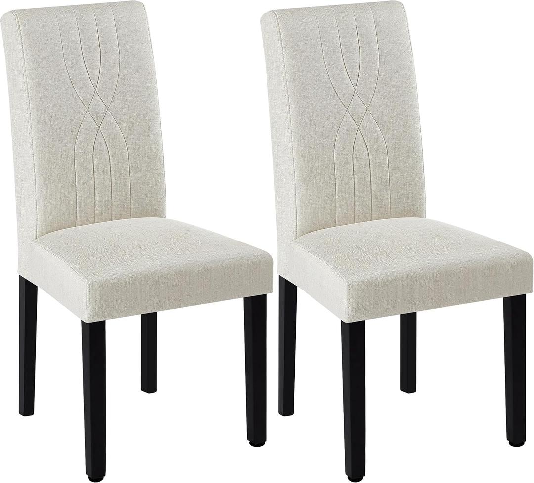 VECELO Upholstered Dining Chairs Set of 2, Modern Fabric and Solid Wood Legs & High Back for Kitchen/Living Room- Beige