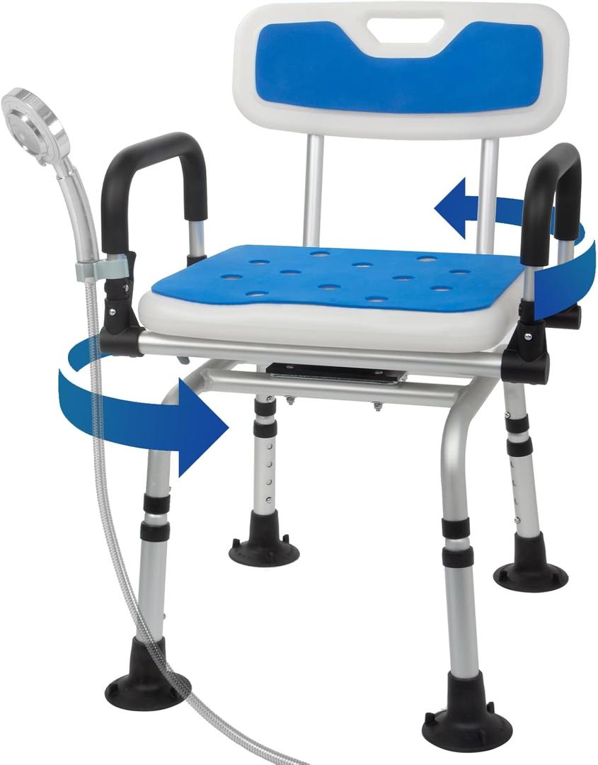 Swivel Shower Chair for Inside Shower with Liftable Arms, 360 Rotating Shower Chair for Elderly and Disabled, Adjustable Height Swivel Bath Chair with Extra Accessories, Supports Up to 400 LBS