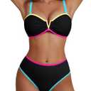 Blooming Jelly High Waisted Bikini Sets for Women Swimsuits Two Piece Bathing Suit Colorblock Sweetheart Neck Swimwear 2025 (Black, L)