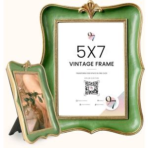 97 Decor Vintage Picture Frames 5x7 - Old Fashioned Ornate 5 X7 Scalloped Frame, Gold Green Antique Frame 5x7, Unique Photo Frames With Glass Front For Tabletop And Wall Hanging, Vintage Wall Decor