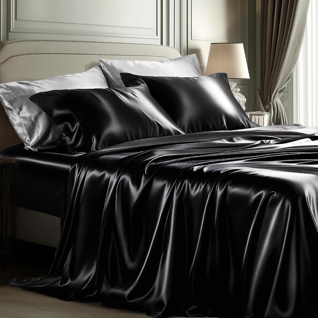Bedsure Black Satin Sheets Queen Size - 4 Piece Silky Bedsheets with Elastic Corner Straps and 15 Inches Deep Pocket Fitted Bedsheet,1 Flat Sheet, 2 Satin Pillowcases, Good for Hair& Skin(Queen,Black)