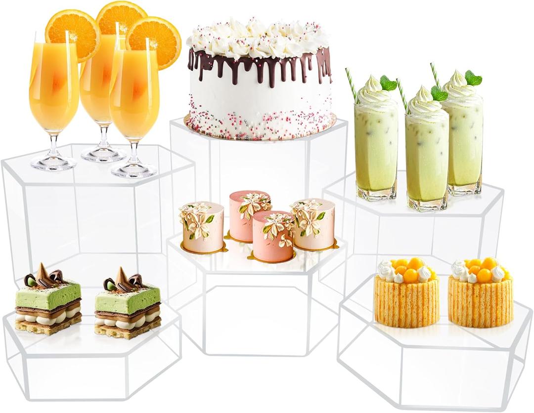 6 Pcs Buffet Risers, Dessert Stands, Acrylic Boxes for Display, Hexagonal Jewelry Showcase, Riser Display Cases Acrylic Display Base (Clear)