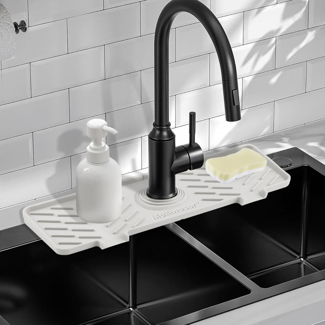 Meiliweser Silicone Faucet Mat for Kitchen Sink  Gen 3 10 Slope Splash Guard with Cuttable Hole  14 x 5.5 Drip Catcher & Sponge Holder for Kitchen, Bathroom (White)