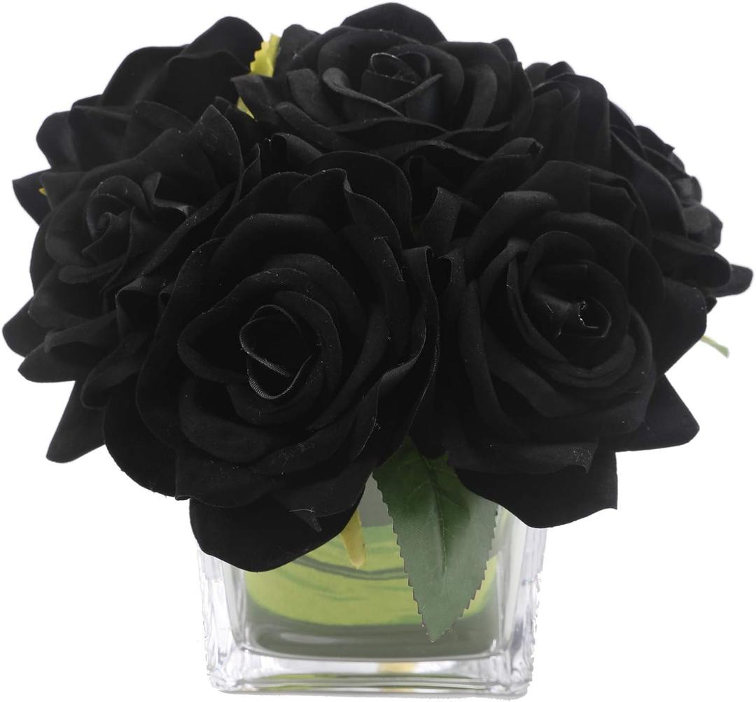 Fule Artificial Velvet Rose Flower Centerpiece Arrangement in vase for Home Wedding Decoration (Black)