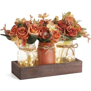 Mkono Mason Jar Lights Centerpiece Table Decor for Dining Room Farmhouse Wood Tray with 3 Jars Flowers Valentines Day Decoration for Coffee Table Kitchen Living Room Wedding