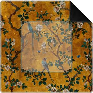 Vintage Chinoiserie Floral Bird Mahjong Mat for Table 31.5 x 31.5 in, Oriental Gold Chinese Botanical Non-Slip Noise Reduction Game Table Cover for American Mahjong Card Board Tile Games, Oriental Gold Floral Bird
