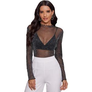 Floerns Women's Long Sleeve Slim Fit See Through Sheer Mesh Top Black Sparkle XS