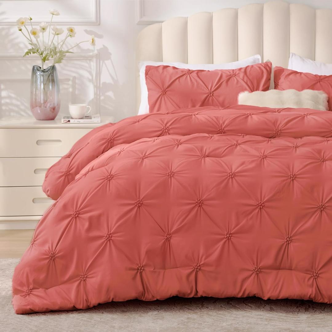 BEDELITE Coral Queen Comforter Set - 3 Pieces Boho Pintuck Bedding Comforter Sets, Lightweight Soft & Warm Bed Comforter Queen with 2 Pillowcases for All Season (Queen(88"x88"))