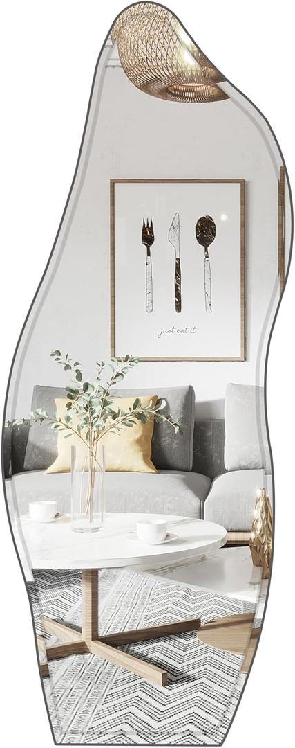 Full Length Mirror 63"x23.6" Irregular Wall Mounted Mirror, Large Asymmetrical Beveled Edge Frameless for Living Room Bathroom Bedroom Entryway Decoration