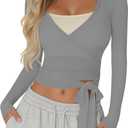 Women Wrap Tie Tops Lightweight Slim Fit Ballet Pilates Yoga Workout Active Shirts Long Sleeve V Neck Casual Tees (Gray, S)