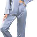 Ekouaer Silk Pajamas for Women Satin Pajama Sets Button Down Lounge Sets Silky Pajama Long Pants Sleepwear with Pockets (Blue, XXL)