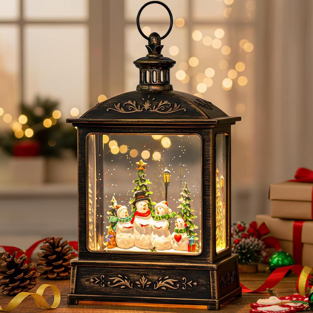 12.5'' Christmas Snow Globe Lantern Lighted Snowman Choir Musical Snowmen Carolers Water Lantern in Swirling Glittering Home Decoration and Gift, Battery Operated or USB Powered